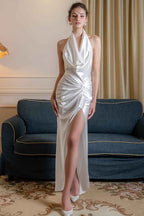Halter Sleeveless Backless Split Long Prom Dress With Pleated
