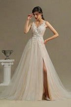 Floral Applique A-Line Wedding Dress with Side Split and Backless Design BM bride