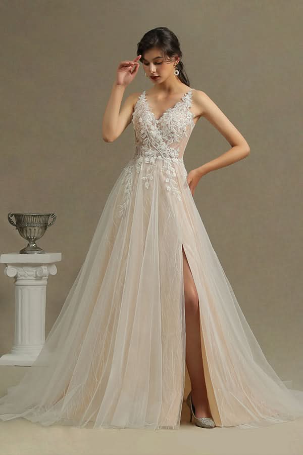 Floral Applique A-Line Wedding Dress with Side Split and Backless Design BM bride