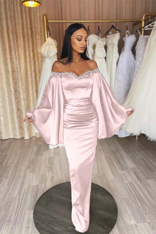 Off the Shoulder Long Sleeves Pleated Long Prom Dress With Beading BMBRIDE