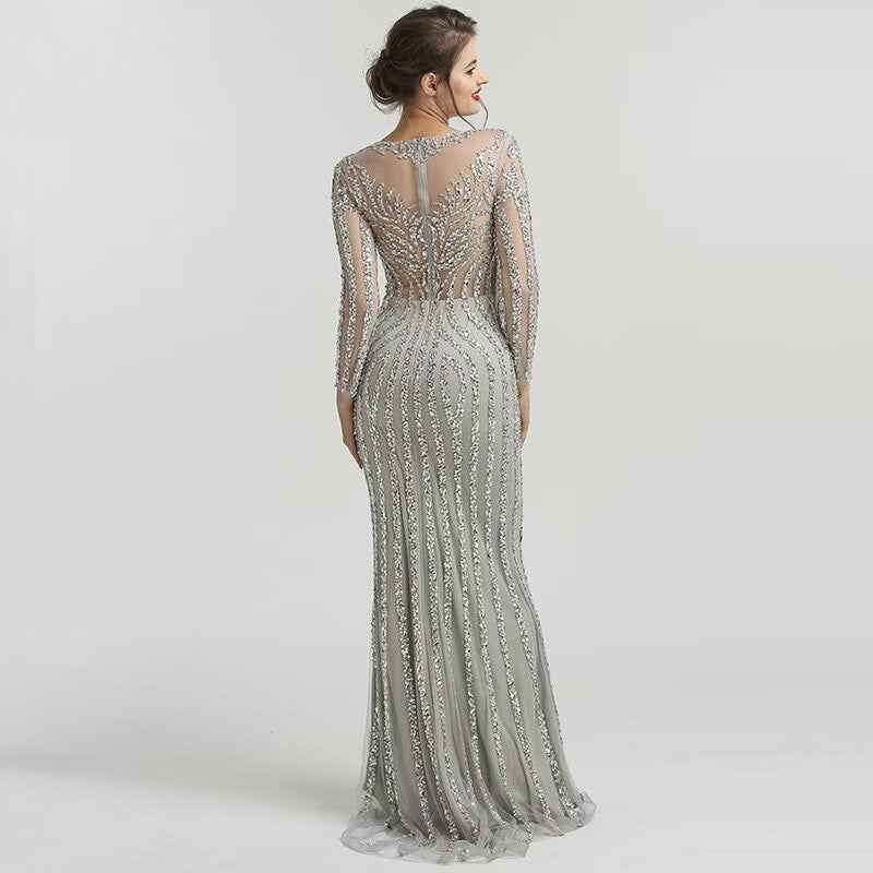 Elegant Ivory Bead Embroidery Long Sleeves Mermaid Long Prom Dress