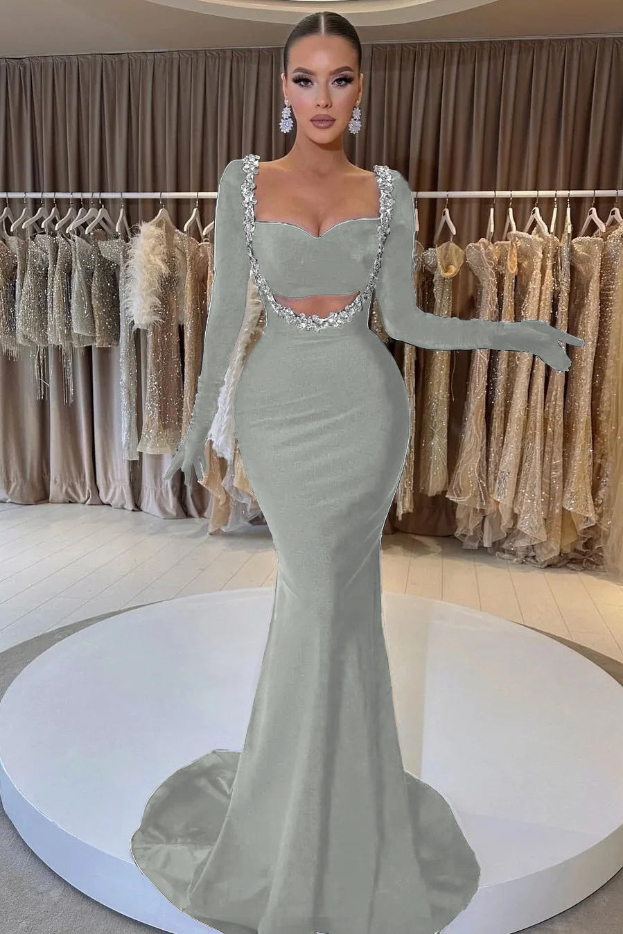 Charming Black Velvet Long Sleeve Beaded Long Mermaid Prom Dress With Gloves BMBRIDE