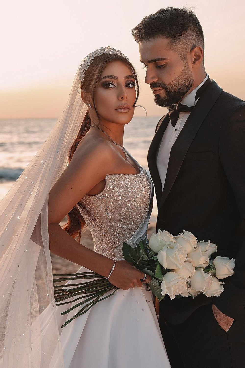 Charming One-Shoulder Long Sleeve A-Line Wedding Dress with Sequins BM bride