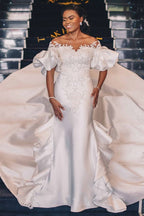 Sweetheart Bubble Sleeve Applique Mermaid Wedding Dress with Cathedral Train BM bride