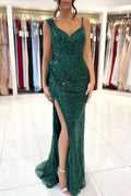 Green Spaghetti-Strap Sequined Prom Dress with Pleats and Split BM bride