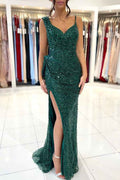 Green Prom Dress Spaghetti Strap With Split Pleated Sequins