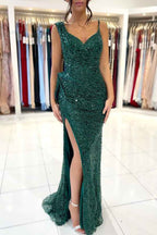 Green Prom Dress Spaghetti Strap With Split Pleated Sequins