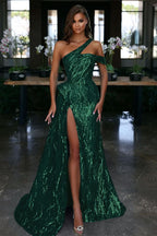 Blue One-Shoulder Evening Dress with Sequin Slit BM bride