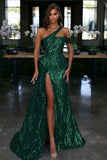 Blue One-Shoulder Evening Dress with Sequin Slit BM bride