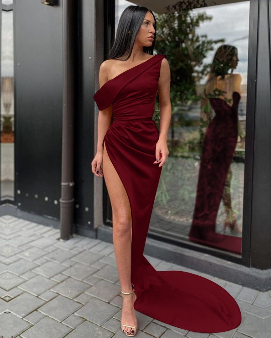 Orange One-Shoulder Mermaid Prom Dress with Split BM bride