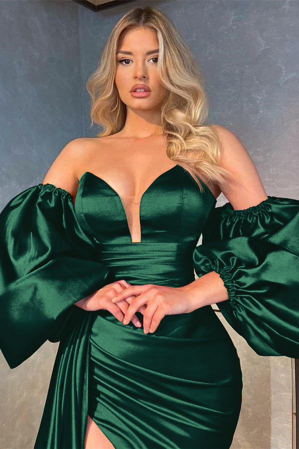 Shiny V-Neck Evening Prom Dress with Detachable Sleeves, Ruffles, and Split BM bride