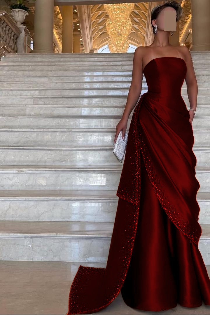 Chic Strapless Sleeveless Long Prom Dress With Pleated Beading BMBRIDE
