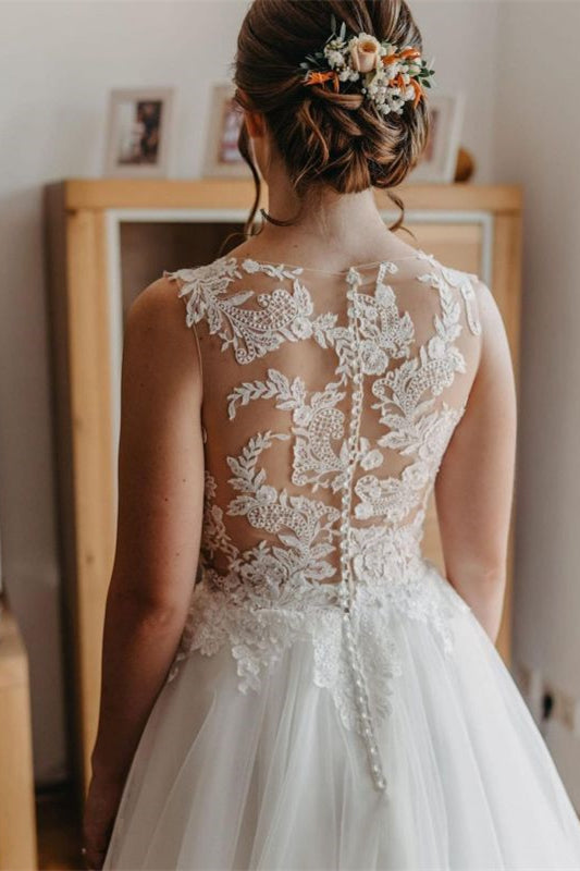 Bateau Neck Sleeveless A-Line Tulle Wedding Dress with Lace BM bride