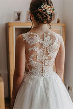 Bateau Neck Sleeveless A-Line Tulle Wedding Dress with Lace BM bride