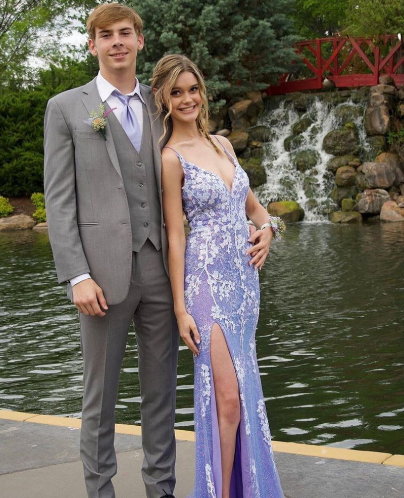 Glittering Blue Mermaid Lace Long Prom Dress with Slit BM bride