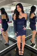 Sparkly Navy Corset Lace Tight Homecoming Dress with Detachable Sleeves