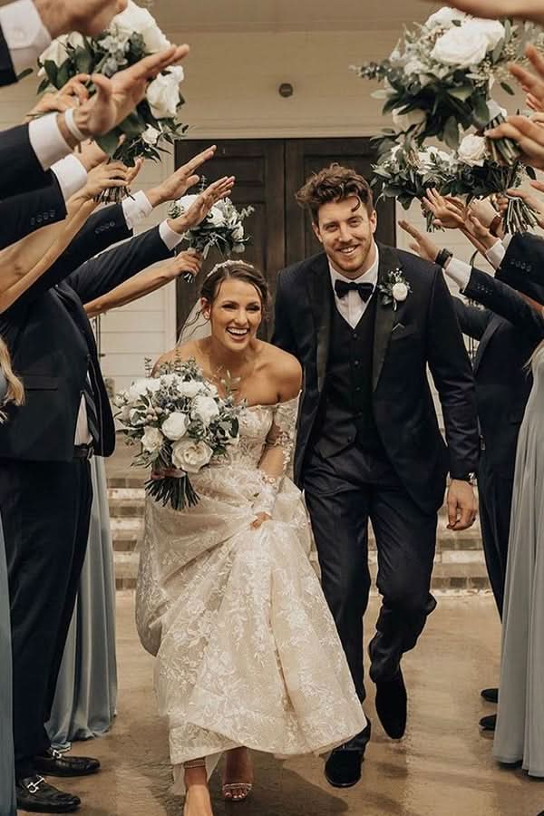 Off-the-Shoulder Long Sleeve A-Line Wedding Dress with Bow and Lace BM bride
