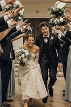 Off-the-Shoulder Long Sleeve A-Line Wedding Dress with Bow and Lace BM bride