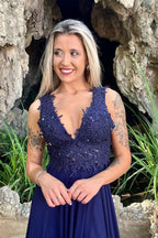 Vintage Red V-Neck Long Prom Dress with Split and Appliqueds BM bride