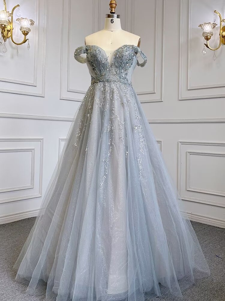 Dusty Blue Sequin Prom Dress, Long A-Line V-Neck Sleeveless, Backless BM bride