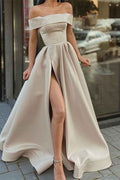 Chic Off the Shoulder Strapless A Line Long Prom Dress With Front Split