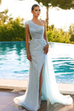 Light Blue One Shoulder Mermaid Prom Dress with Sequins and Feathers BM bride
