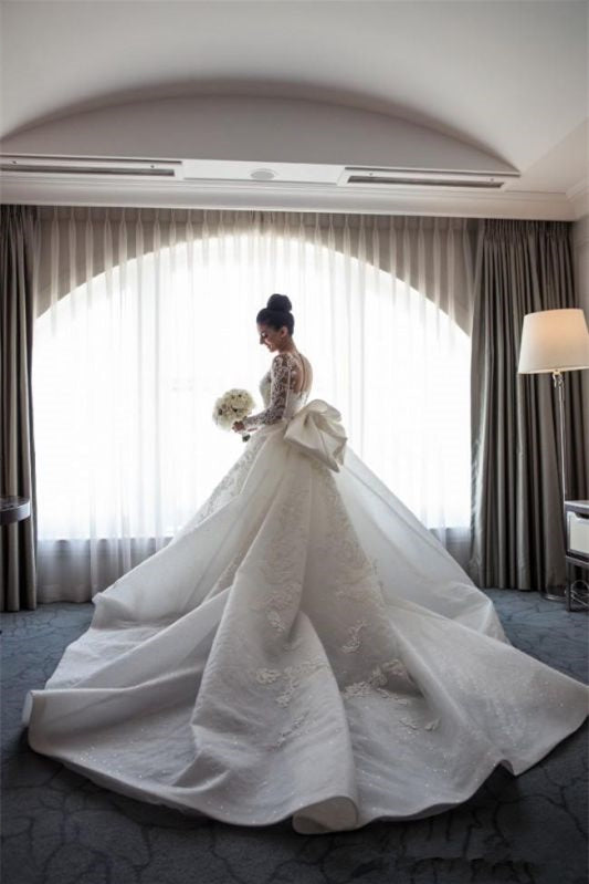 Amazing Long Sleeve Mermaid Lace Wedding Dress with Bowknot and Detachable Skirt BM bride
