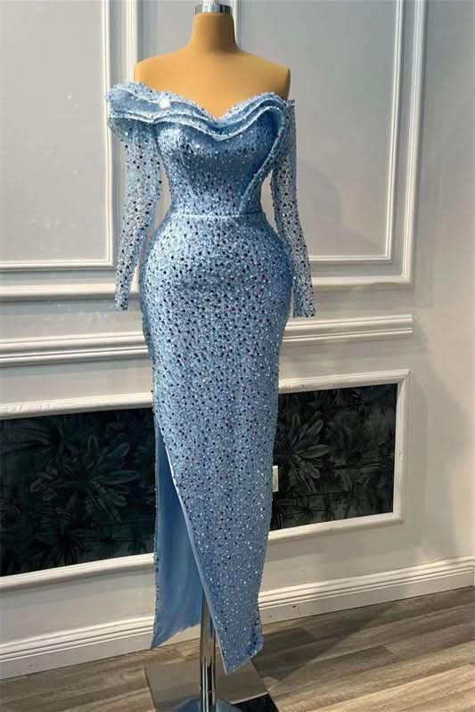 Blue Sweetheart Long Sleeves Sequins Mermaid Prom Dress with Split Beads BM bride
