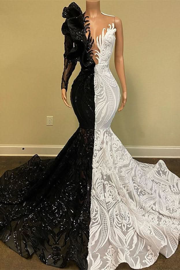 Black and White Long Sleeves Lace Sequin Mermaid Prom Dress BM bride