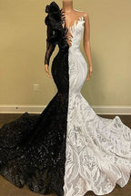 Black and White Long Sleeves Lace Sequin Mermaid Prom Dress BM bride