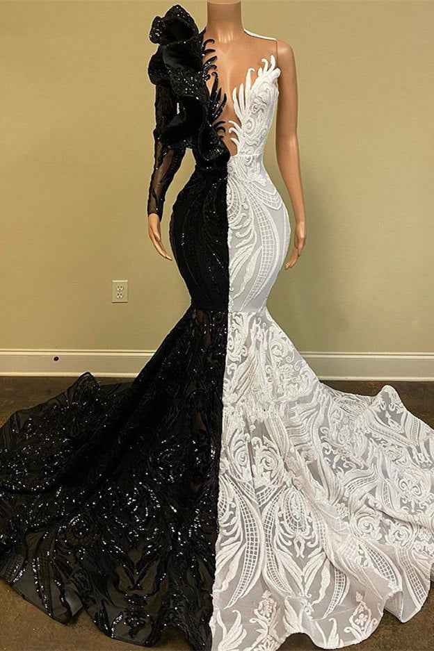 Black and White Lace Long Sleeve Appliques Mermaid Prom Dress With Sequins