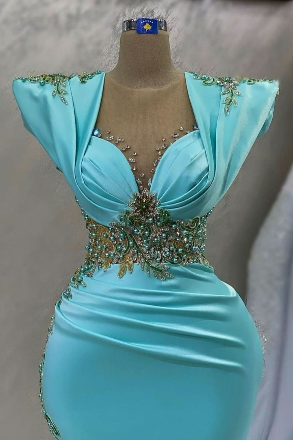 Emerald Satin Prom Dress Sleeves Applikation Long Mermaid BM bride