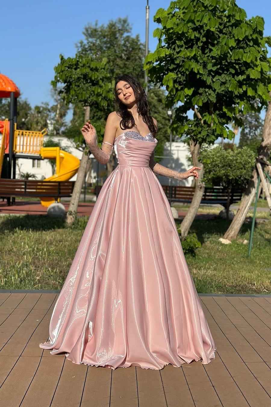 Strapless Beading A Line Long Prom Dress With Detachable Sleeves