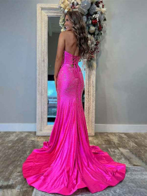 Hot Pink Mermaid Strapless Long Prom Dress with Beads BMBRIDE