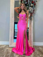 Hot Pink Mermaid Strapless Long Prom Dress with Beads