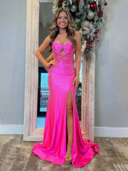 Hot Pink Mermaid Strapless Long Prom Dress with Beads BMBRIDE