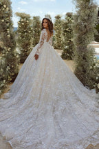 BMbride Beautiful A-line V-neck Lace Appliques Tulle Wedding Dress With Long Sleeves BMbride