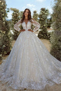 BMbride Beautiful A-line V-neck Lace Appliques Tulle Wedding Dress With Long Sleeves BMbride