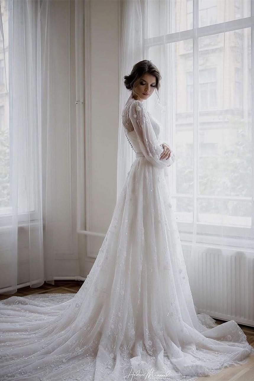BMbride Beautiful A-line White Long Sleeves Lace Appliques Wedding Dress BMbride