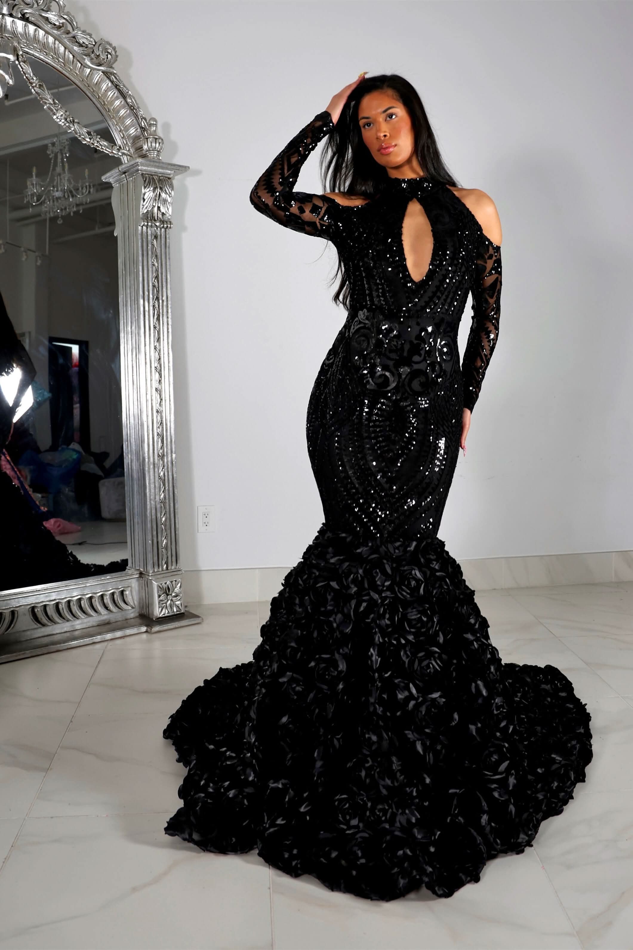 Beautiful Black Lace Long Sleeves Mermaid Prom Dress for a Charming Look BM bride