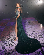 BMbride Beautiful Dark Green Mermaid High Neck Prom Dress With Slit BMbride