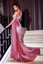 BMbride Beautiful Dusty Rose Off-the-shoulder Glitter Mermaid Prom Dress With Slit BMbride