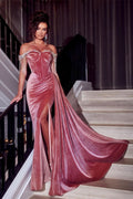 BMbride Beautiful Dusty Rose Off-the-shoulder Glitter Mermaid Prom Dress With Slit BMbride