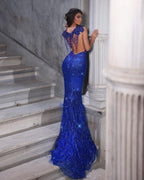 BMbride Beautiful Floor Length Sweetheart Sleeveless Spaghetti Straps Mermaid Sequined Prom Dress with Fur BMbride