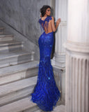 BMbride Beautiful Floor Length Sweetheart Sleeveless Spaghetti Straps Mermaid Sequined Prom Dress with Fur BMbride