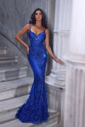 BMbride Beautiful Floor Length Sweetheart Sleeveless Spaghetti Straps Mermaid Sequined Prom Dress with Fur BMbride