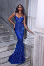 BMbride Beautiful Floor Length Sweetheart Sleeveless Spaghetti Straps Mermaid Sequined Prom Dress with Fur BMbride