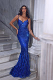 BMbride Beautiful Floor Length Sweetheart Sleeveless Spaghetti Straps Mermaid Sequined Prom Dress with Fur BMbride