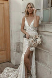 BMbride Beautiful Floral Lace Mermaid Sleeveless V-Neck Side Slit Wedding Dress BMbride