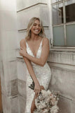 BMbride Beautiful Floral Lace Mermaid Sleeveless V-Neck Side Slit Wedding Dress BMbride